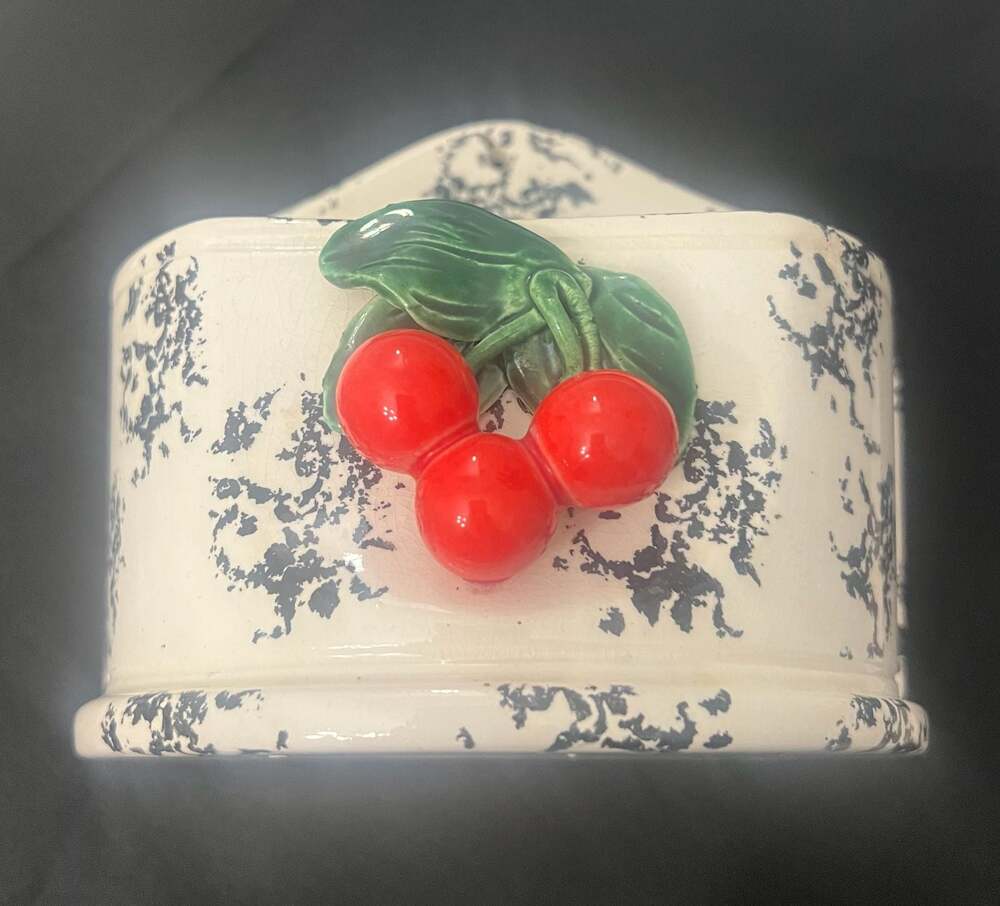 Vintage Jans of California Ceramic Wall Pocket Planter with Cherry Motif